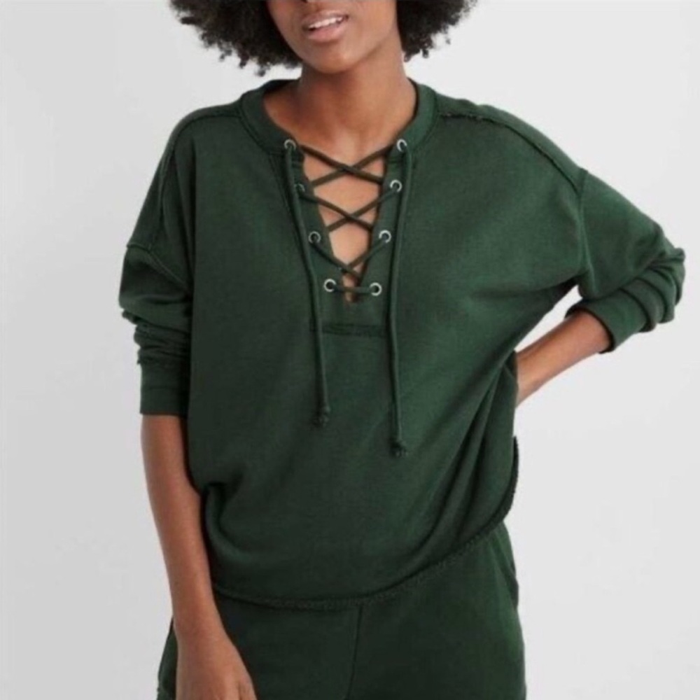 Dark Green Aerie Lace-Up Sweatshirt